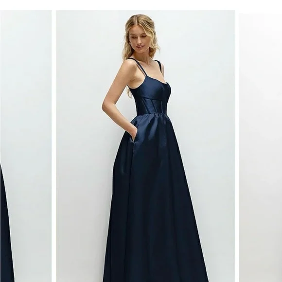 Navy Satin A-Line Evening Dress with Square Neck - Picture 3 of 4